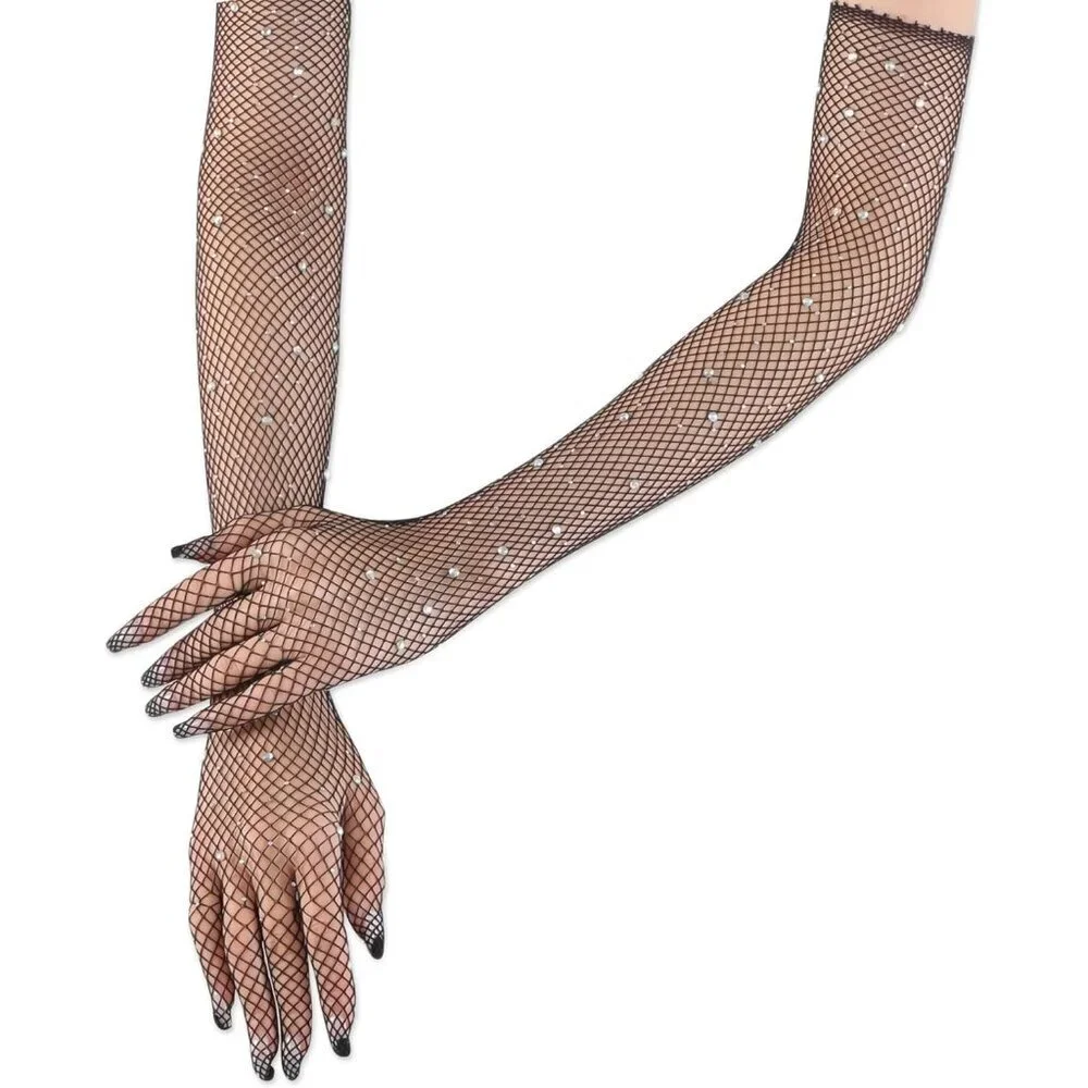 Women's Glitter Black Rhinestone Elbow Length Long Gloves Halloween Party